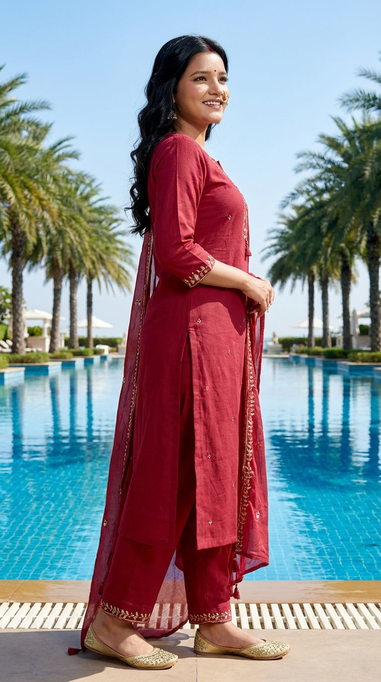 Maroon Cotton Kurta Pant Set with Dupatta-800218