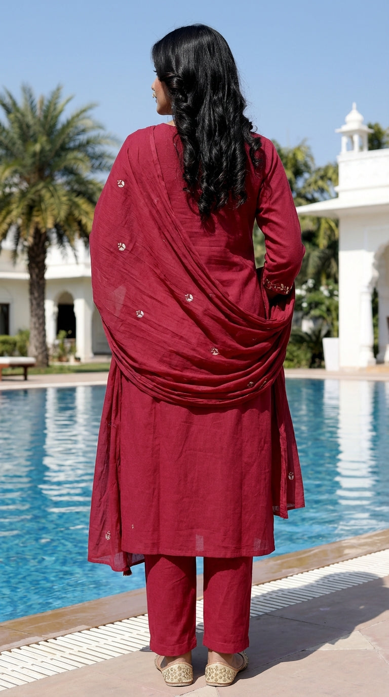 Maroon Cotton Kurta Pant Set with Dupatta-800218