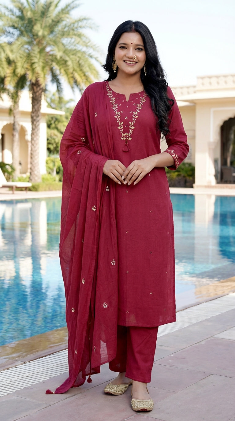 Maroon Cotton Kurta Pant Set with Dupatta-800218