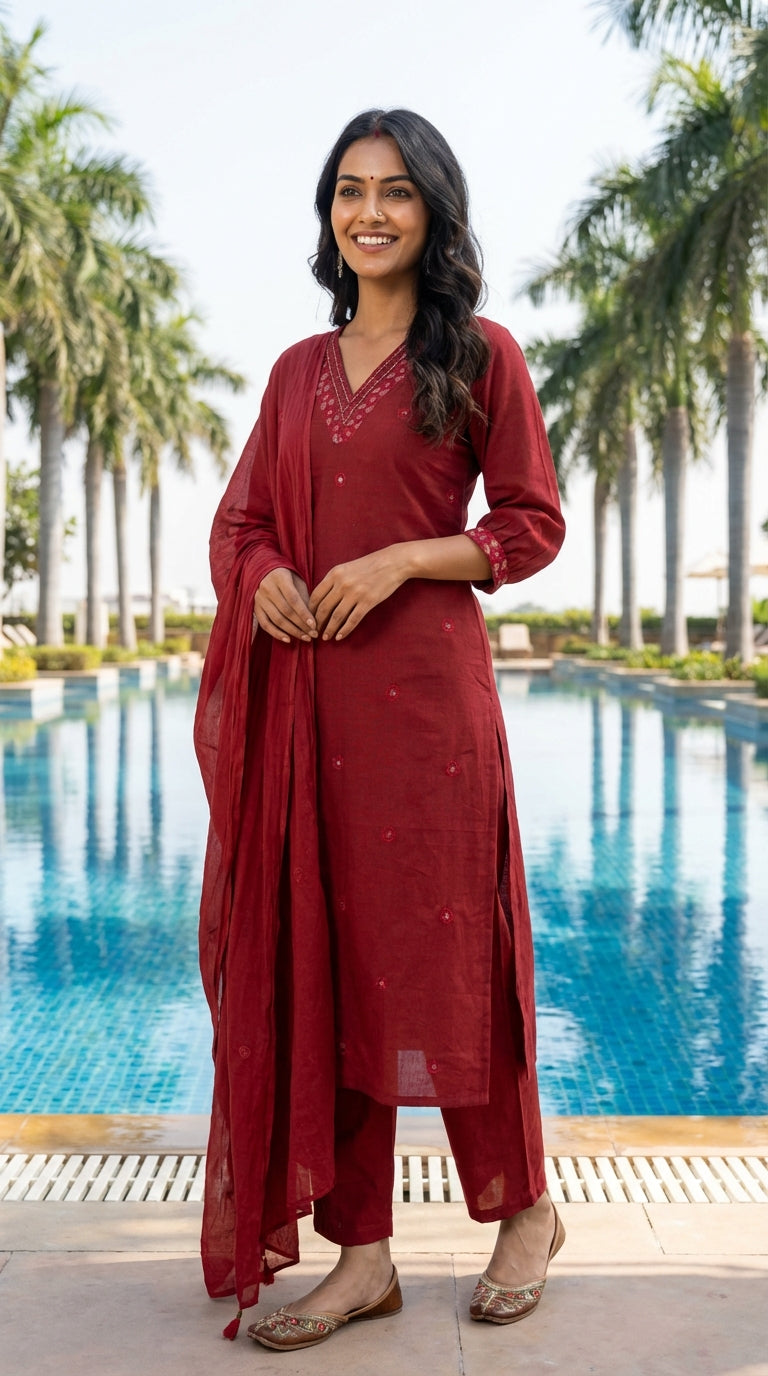 Maroon Cotton Kurta Pant Set with Dupatta-800219