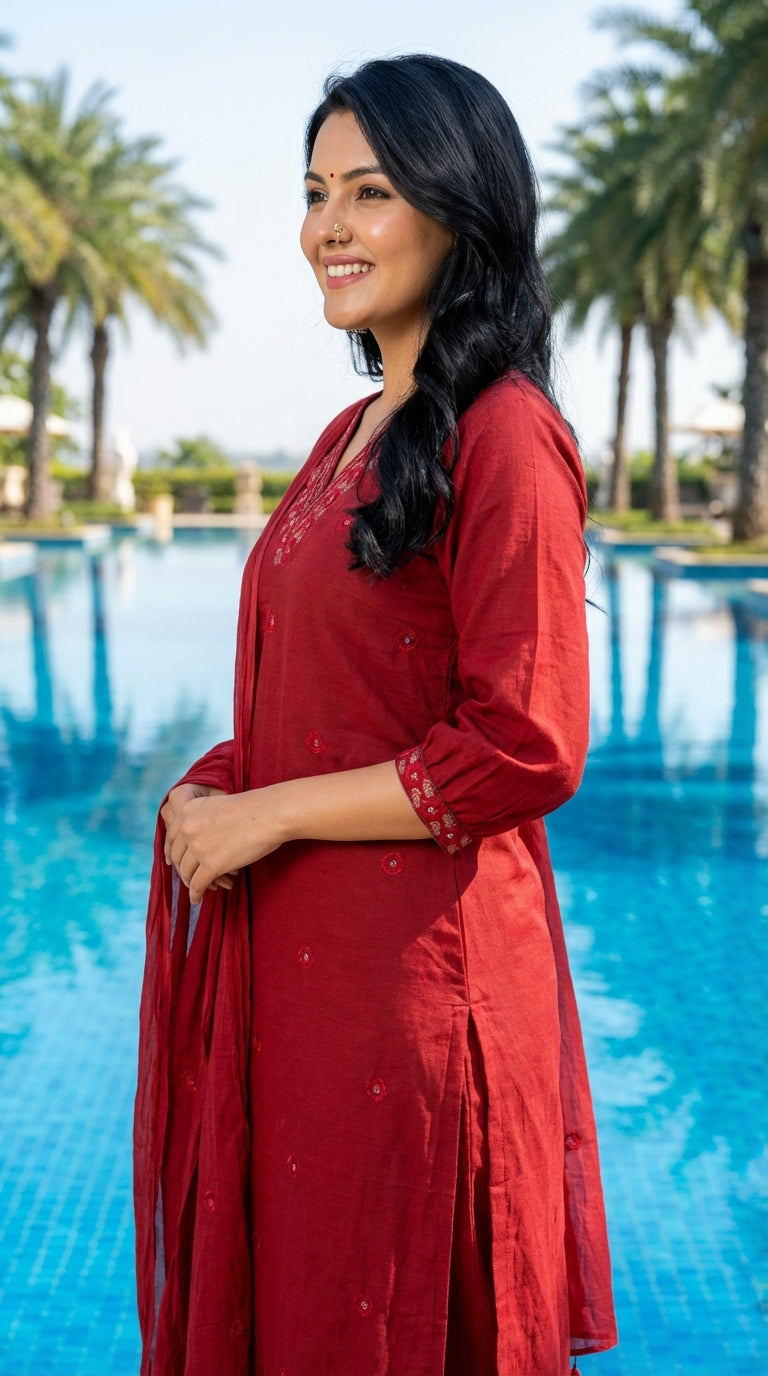 Maroon Cotton Kurta Pant Set with Dupatta-800219