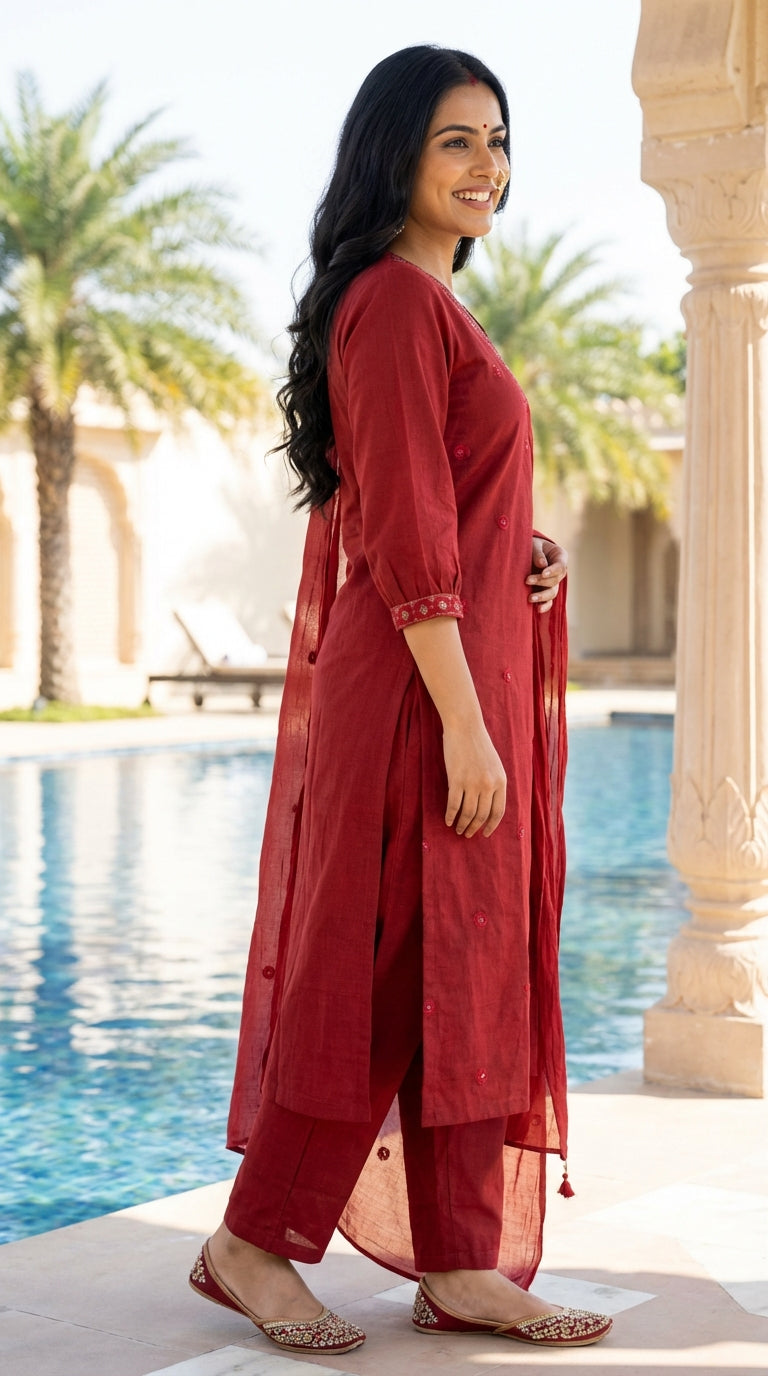 Maroon Cotton Kurta Pant Set with Dupatta-800219