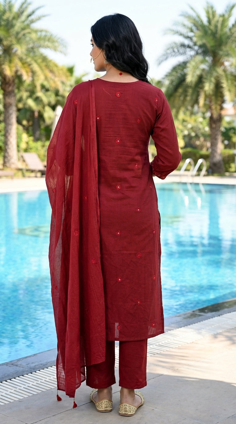 Maroon Cotton Kurta Pant Set with Dupatta-800219