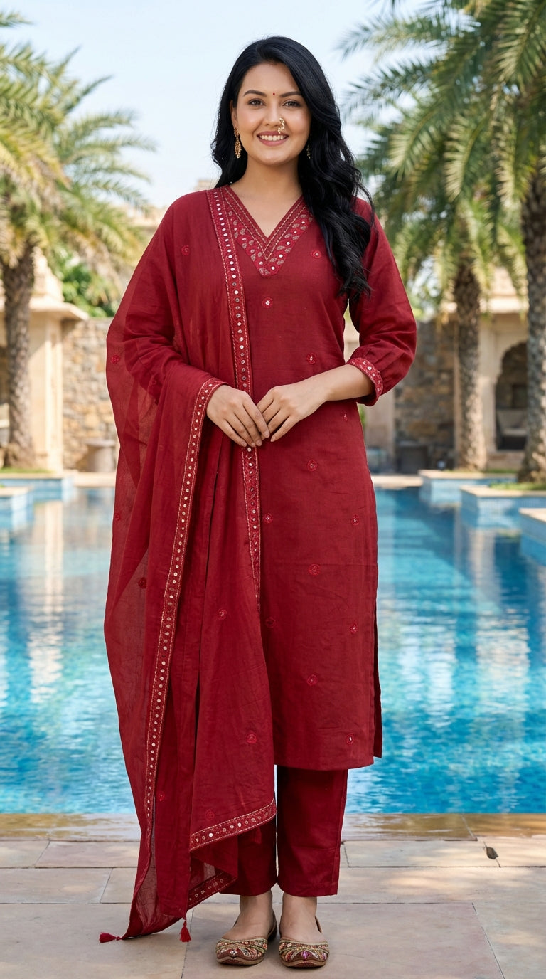 Maroon Cotton Kurta Pant Set with Dupatta-800219