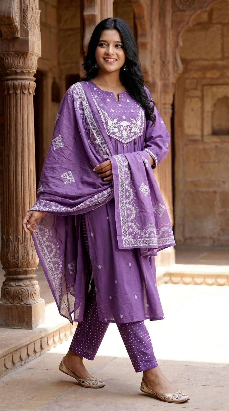 Purple Cotton Kurta Pant Set with Dupatta-800220