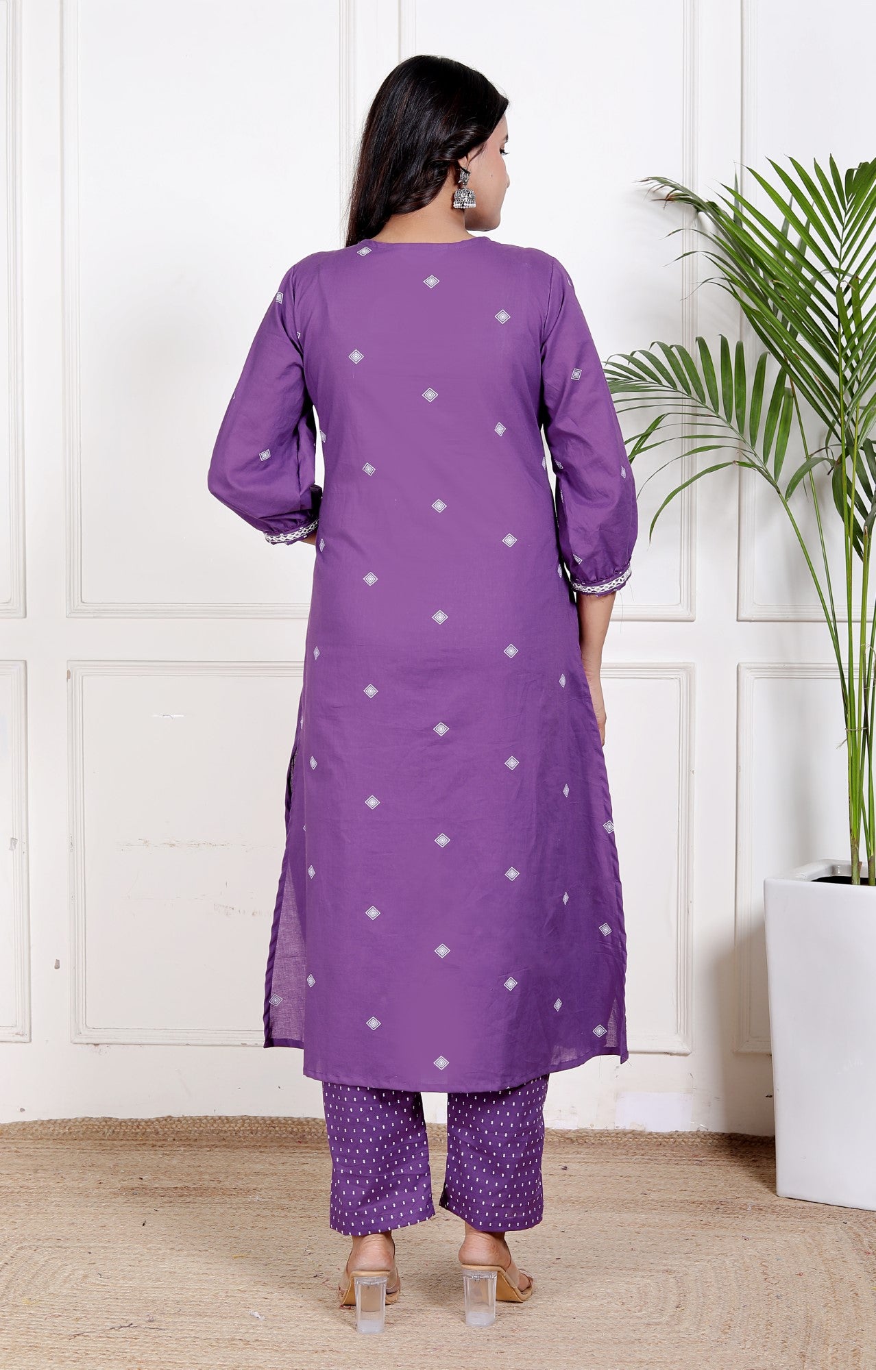 Purple Cotton Kurta Pant Set with Dupatta-800220