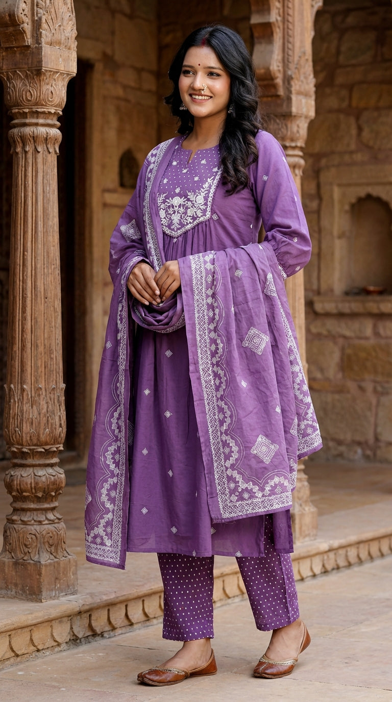 Purple Cotton Kurta Pant Set with Dupatta-800220