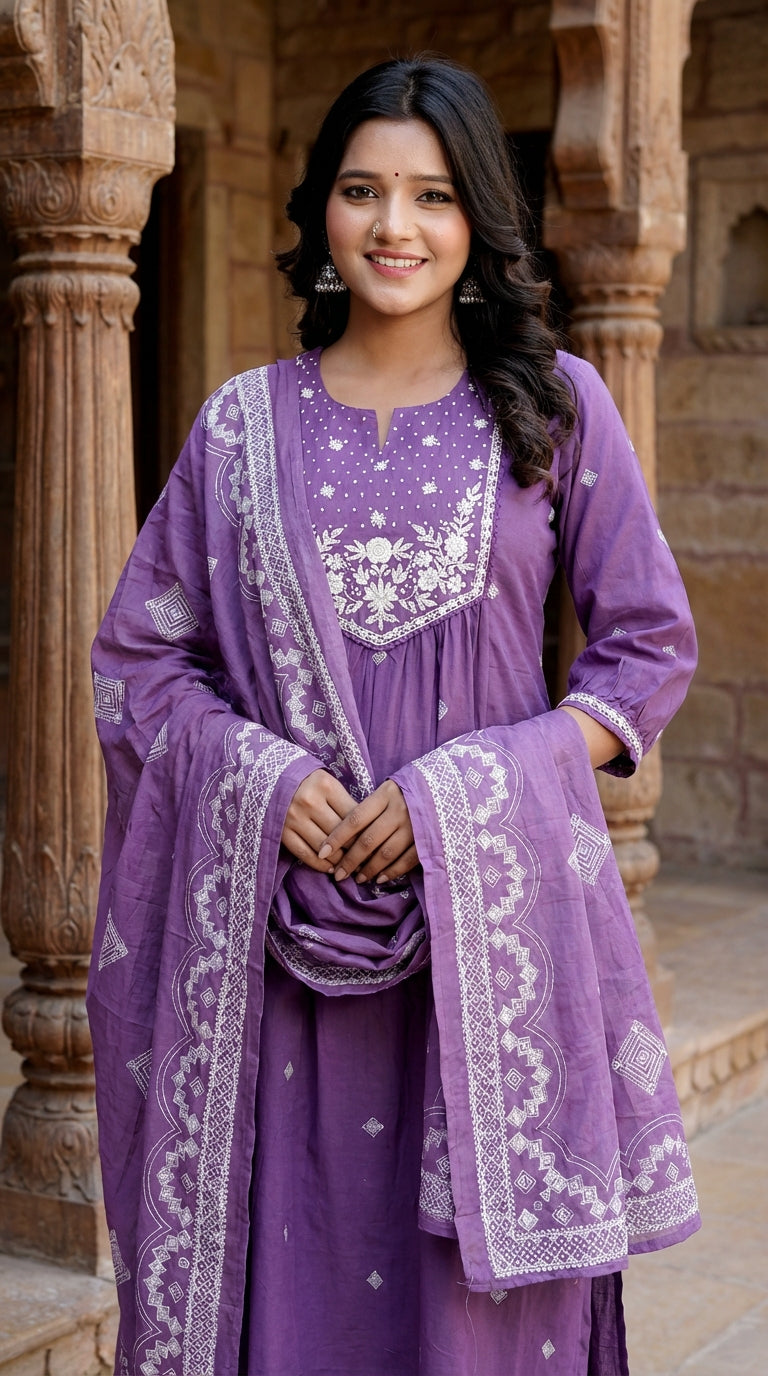 Purple Cotton Kurta Pant Set with Dupatta-800220