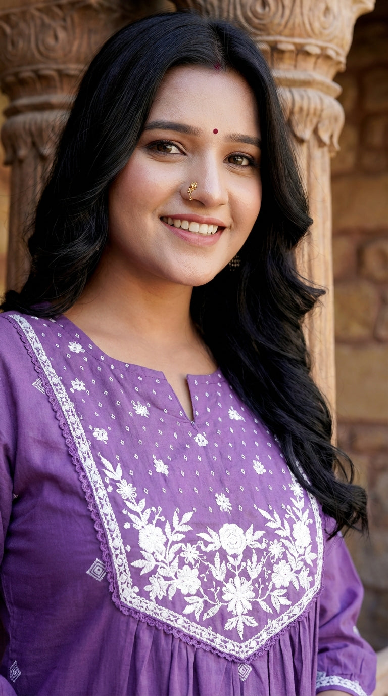 Purple Cotton Kurta Pant Set with Dupatta-800220