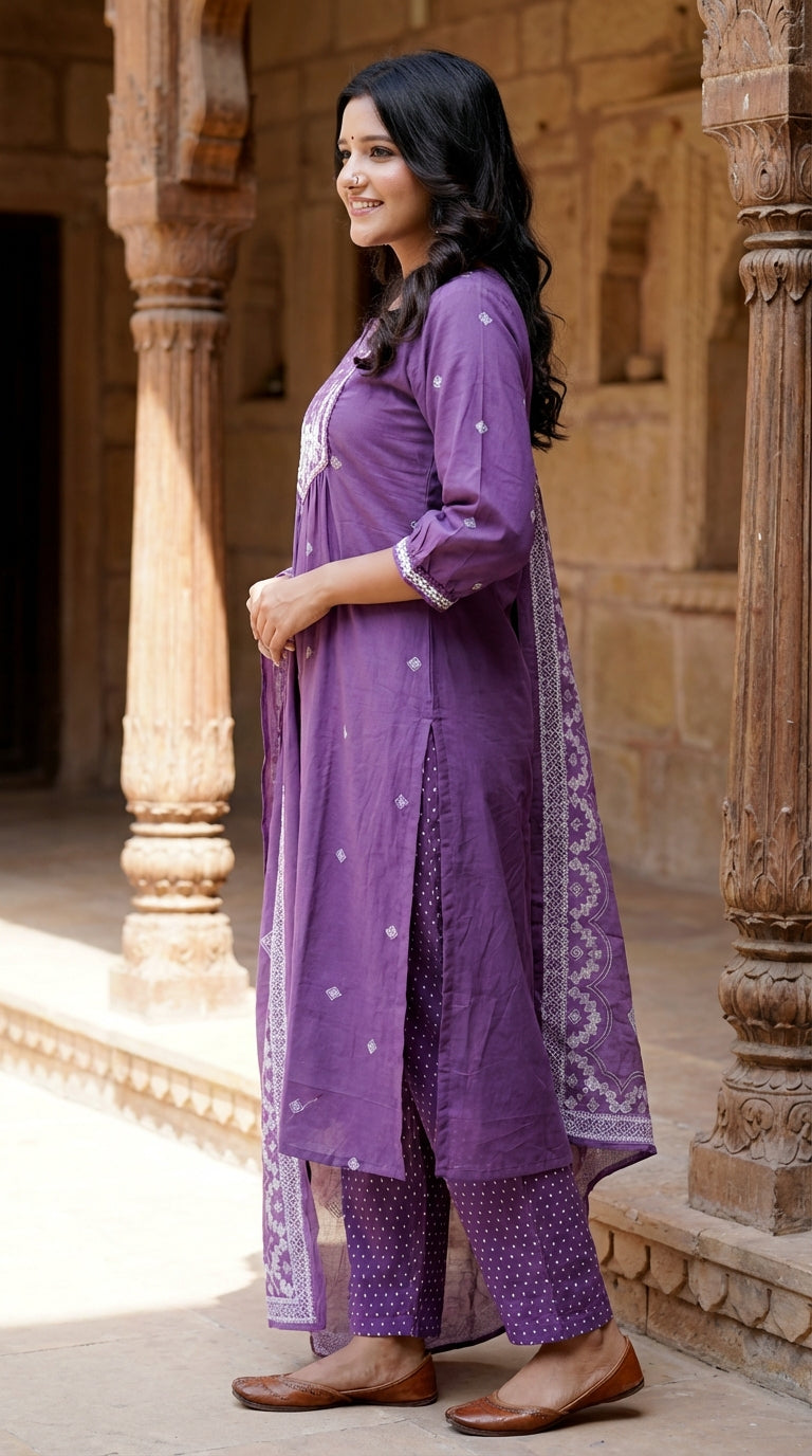 Purple Cotton Kurta Pant Set with Dupatta-800220
