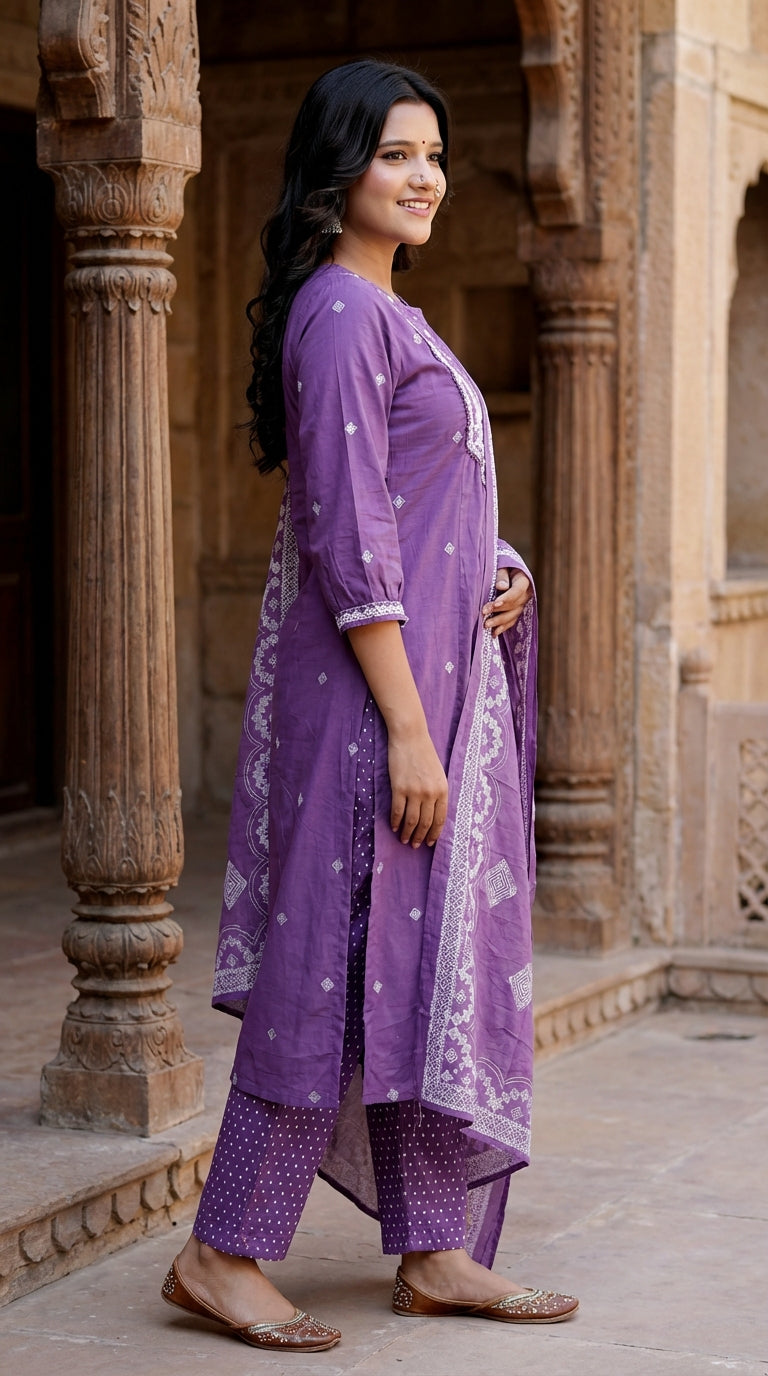 Purple Cotton Kurta Pant Set with Dupatta-800220