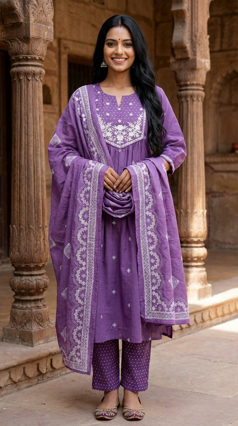 Purple Cotton Kurta Pant Set with Dupatta-800220