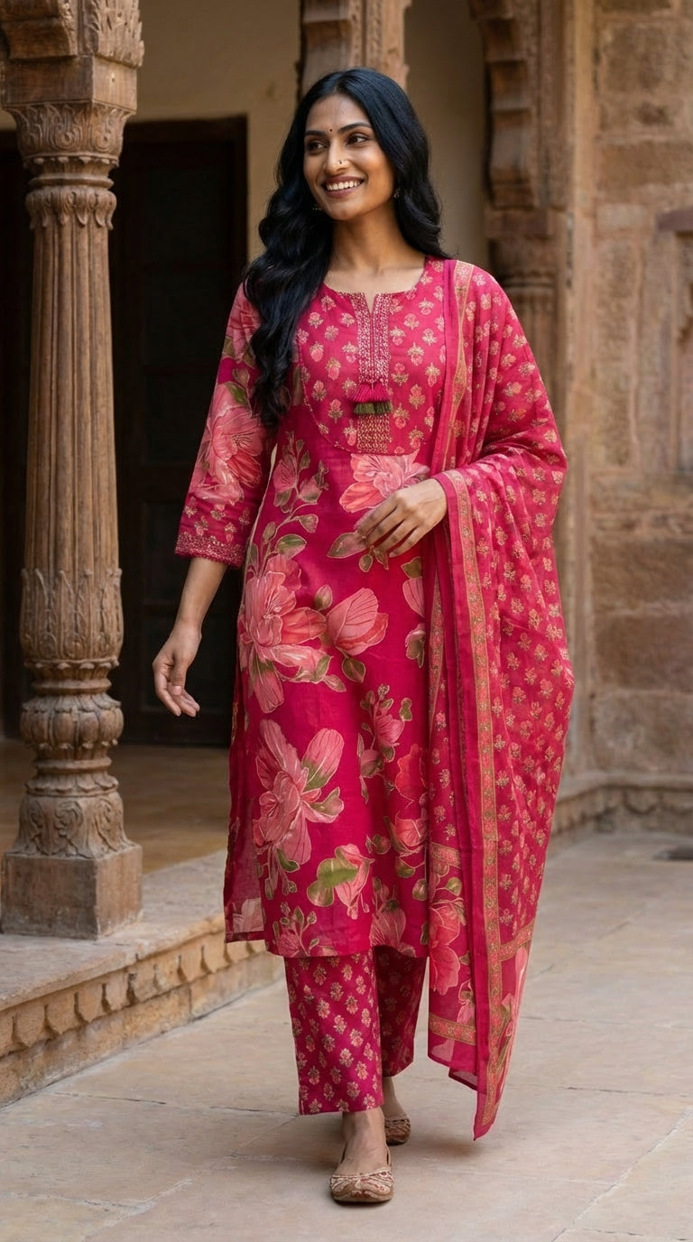 Red Cotton Kurta Pant Set with Dupatta-800221