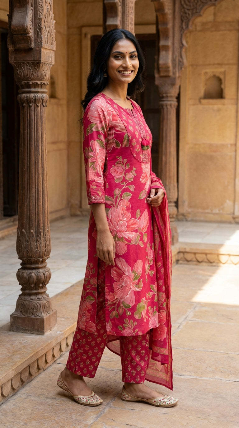 Red Cotton Kurta Pant Set with Dupatta-800221