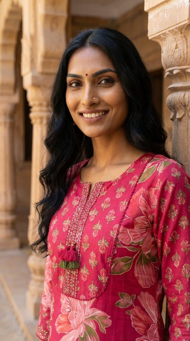 Red Cotton Kurta Pant Set with Dupatta-800221