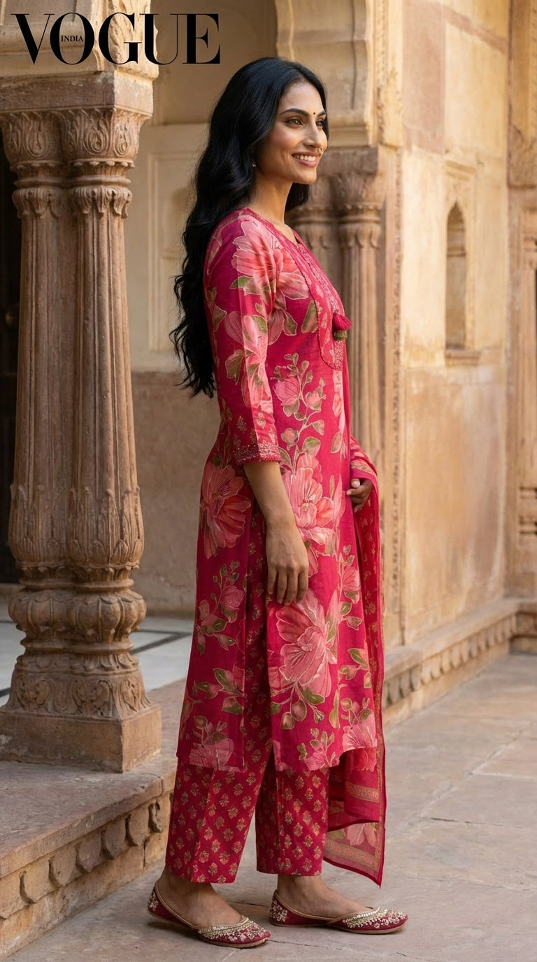 Red Cotton Kurta Pant Set with Dupatta-800221