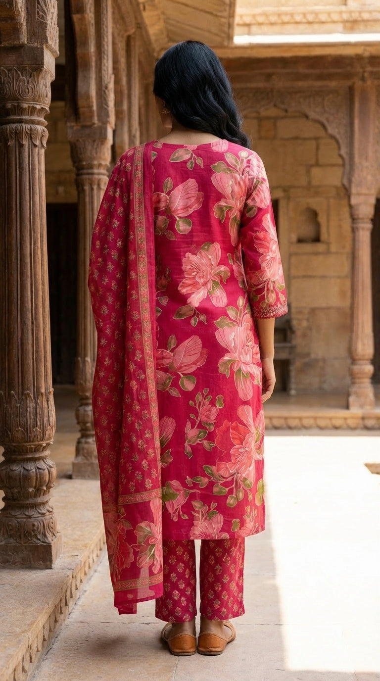 Red Cotton Kurta Pant Set with Dupatta-800221