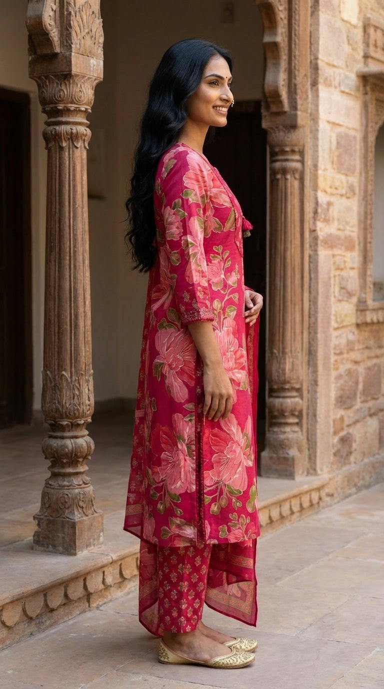 Red Cotton Kurta Pant Set with Dupatta-800221