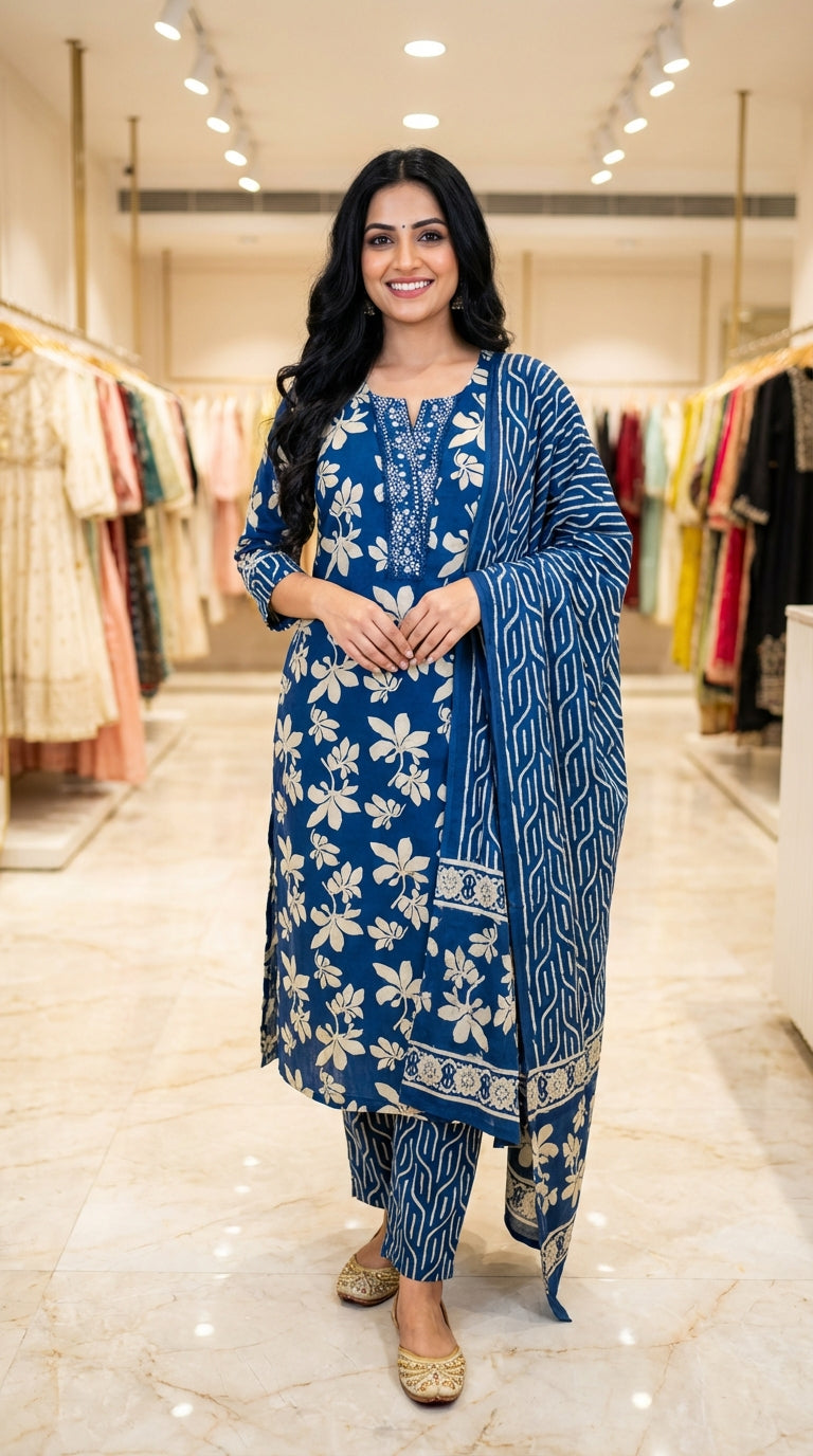 Blue Cotton Kurta Pant Set with Dupatta-800222