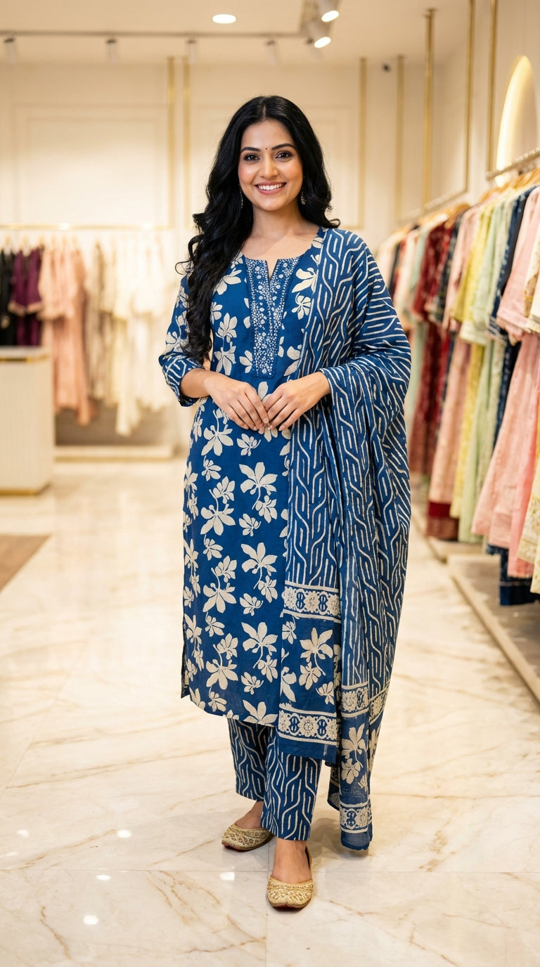 Blue Cotton Kurta Pant Set with Dupatta-800222