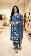 Blue Cotton Kurta Pant Set with Dupatta-800222