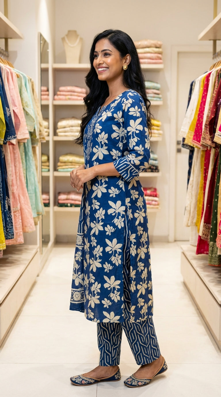 Blue Cotton Kurta Pant Set with Dupatta-800222