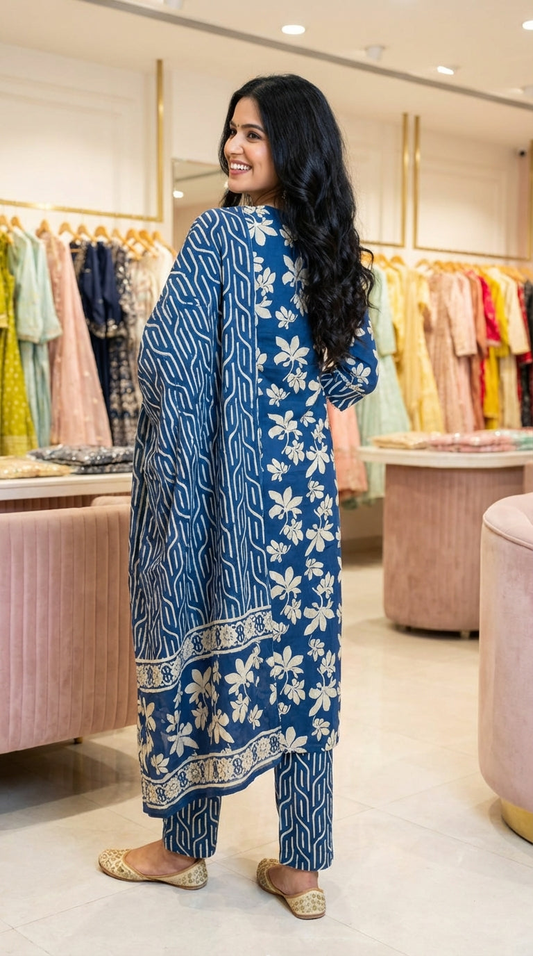Blue Cotton Kurta Pant Set with Dupatta-800222