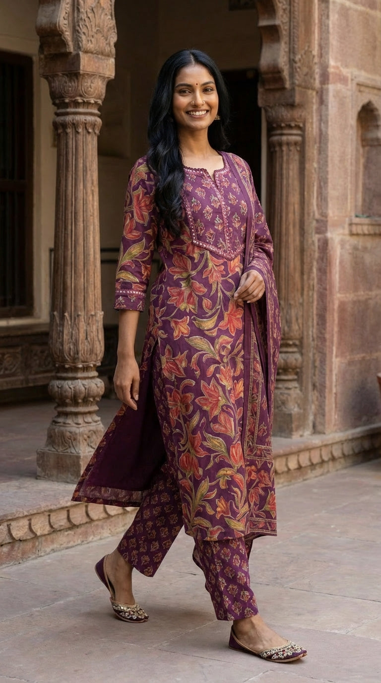 Purple Cotton Kurta Pant Set with Dupatta-800226