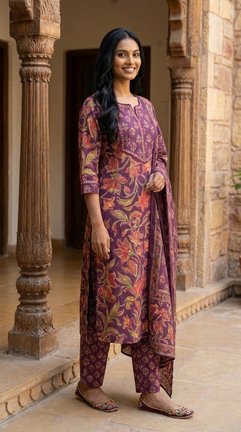 Purple Cotton Kurta Pant Set with Dupatta-800226