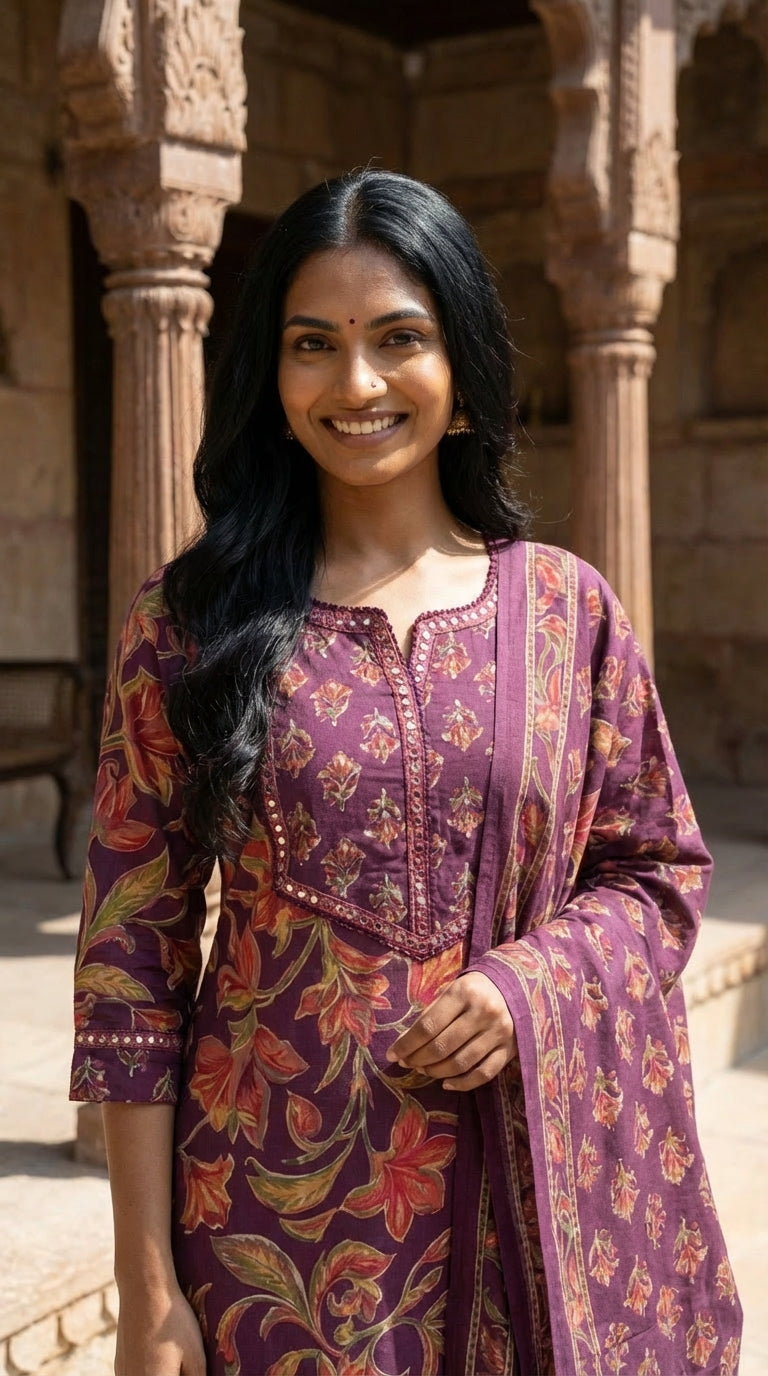 Purple Cotton Kurta Pant Set with Dupatta-800226