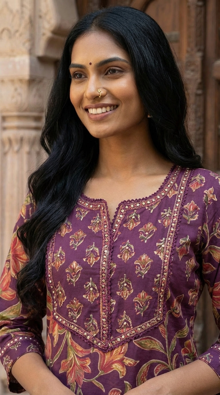 Purple Cotton Kurta Pant Set with Dupatta-800226