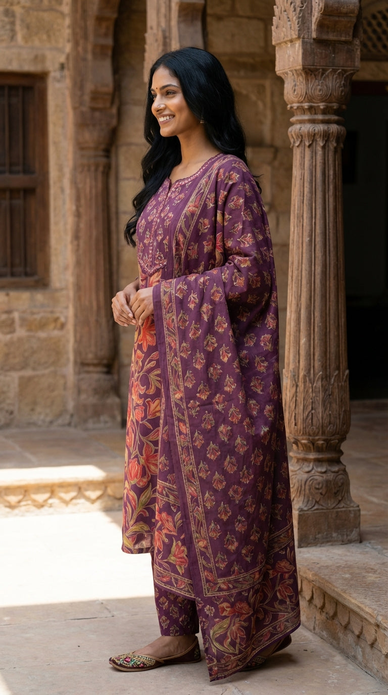 Purple Cotton Kurta Pant Set with Dupatta-800226