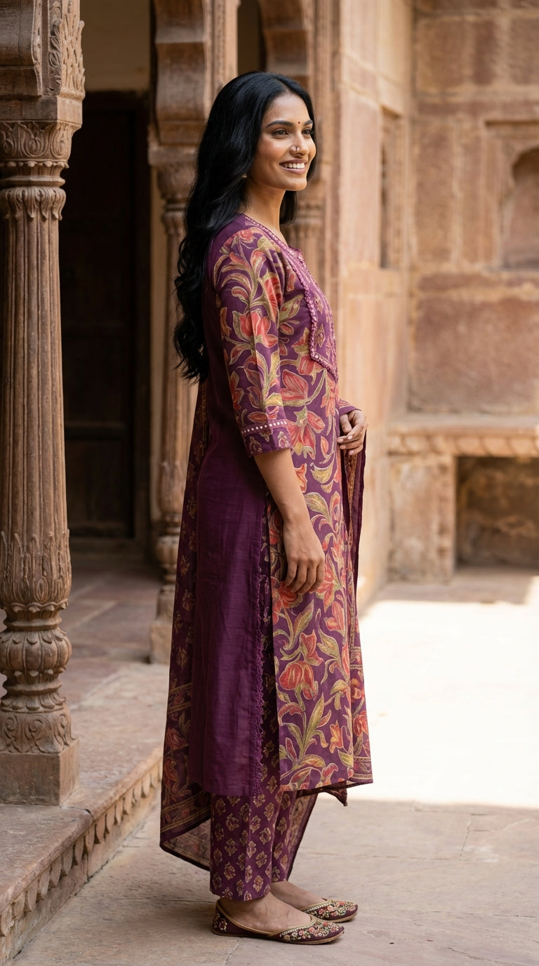 Purple Cotton Kurta Pant Set with Dupatta-800226