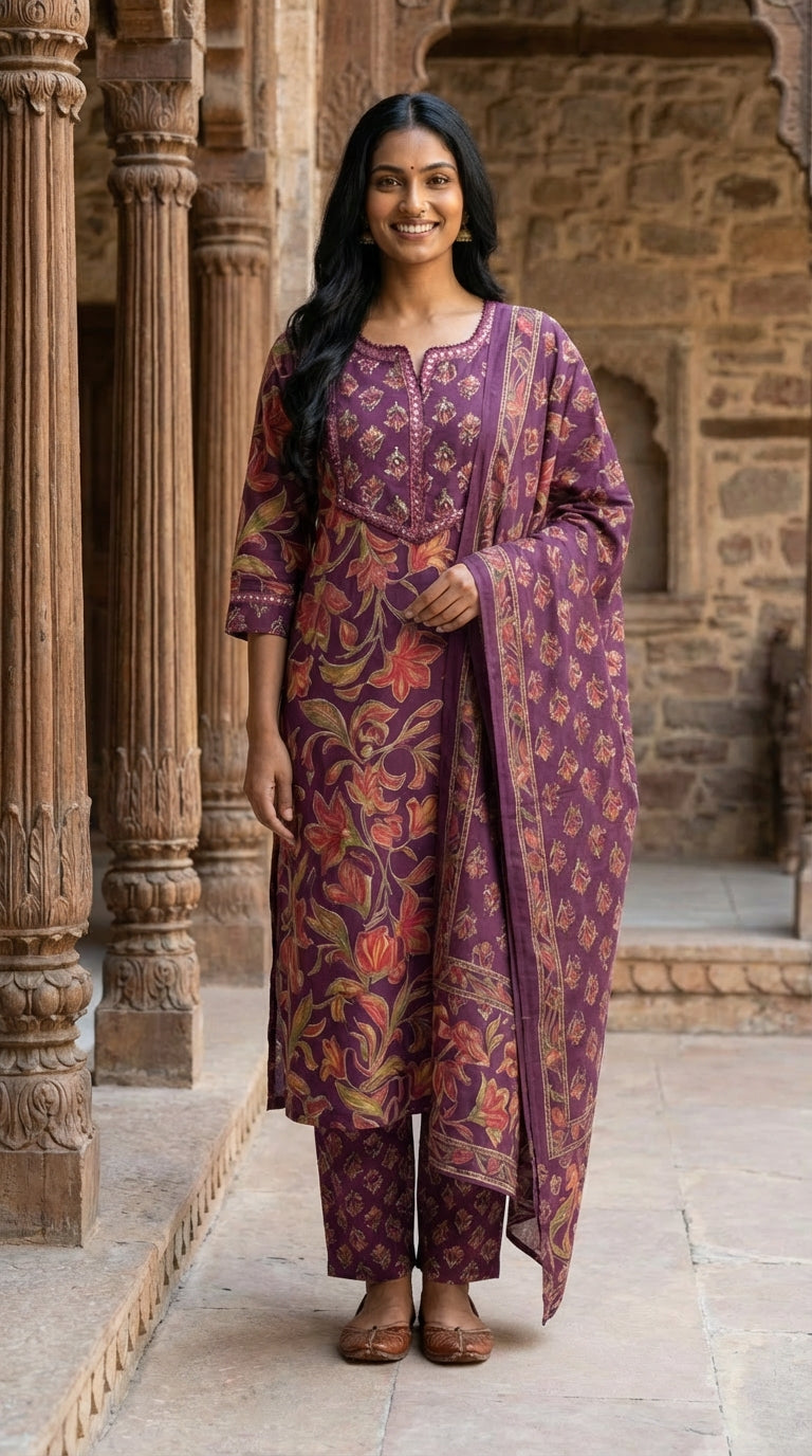 Purple Cotton Kurta Pant Set with Dupatta-800226