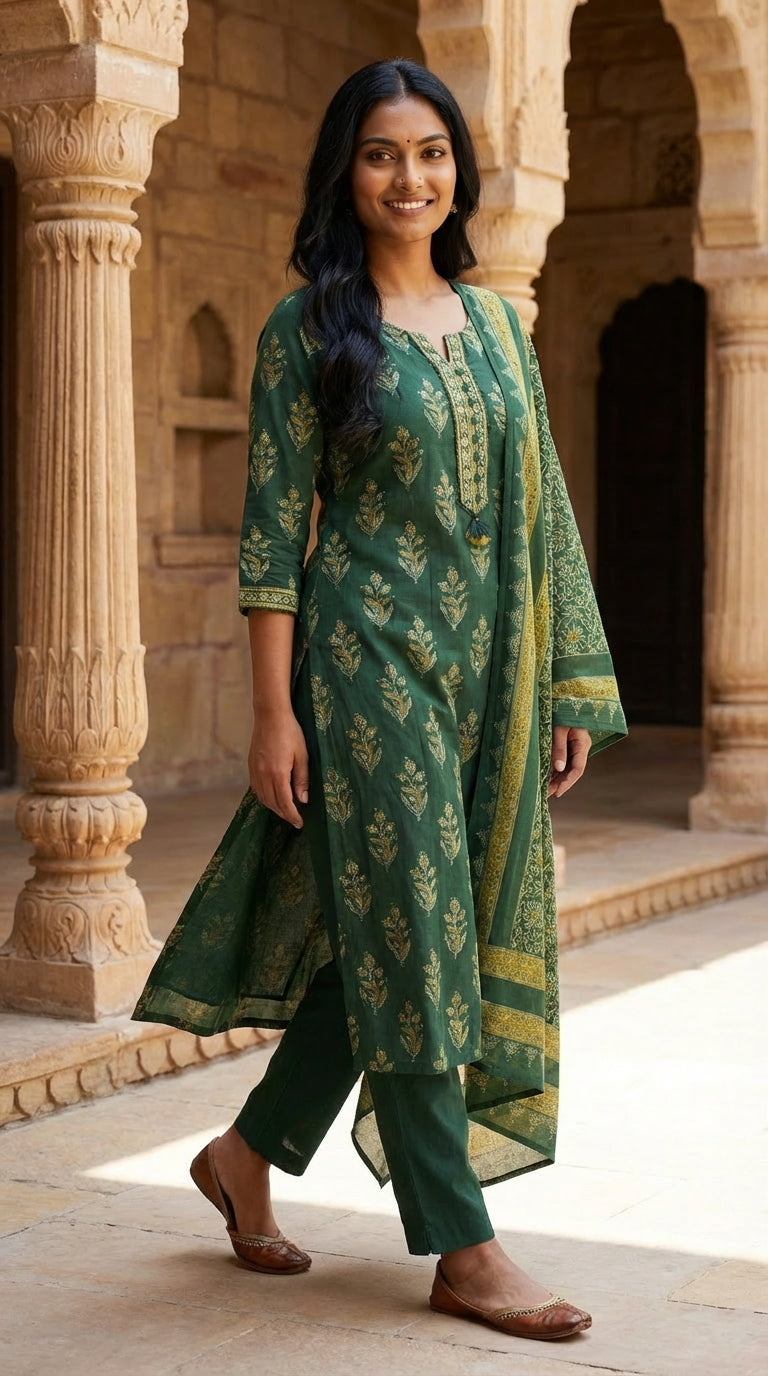 Green Cotton Kurta Pant Set with Dupatta-800232