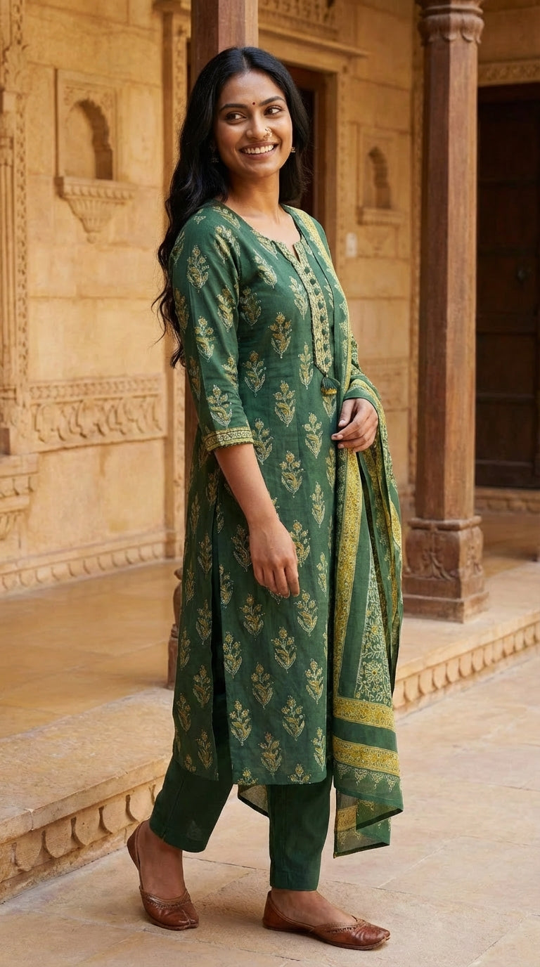 Green Cotton Kurta Pant Set with Dupatta-800232