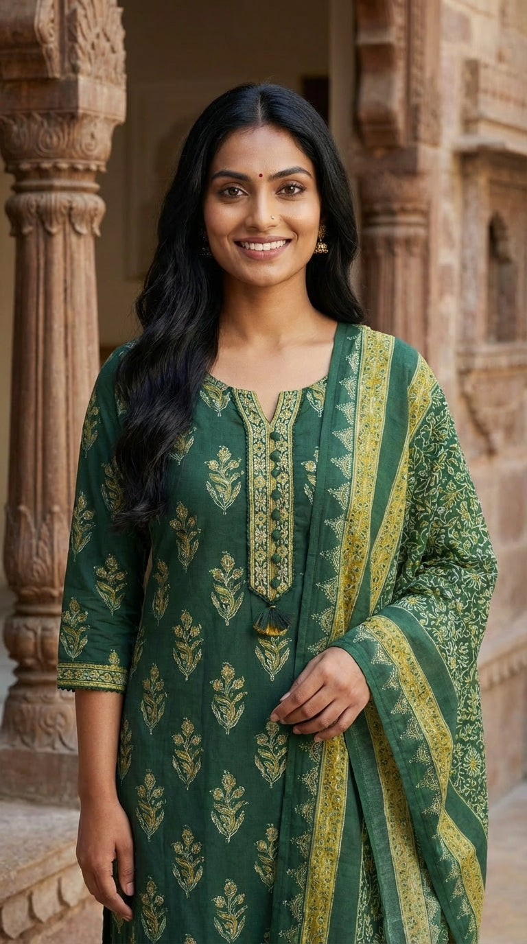 Green Cotton Kurta Pant Set with Dupatta-800232