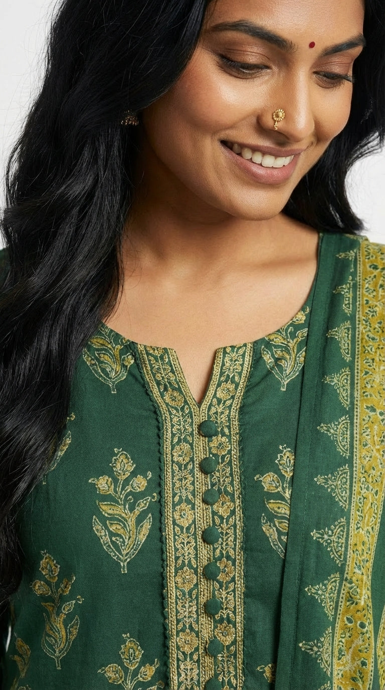 Green Cotton Kurta Pant Set with Dupatta-800232