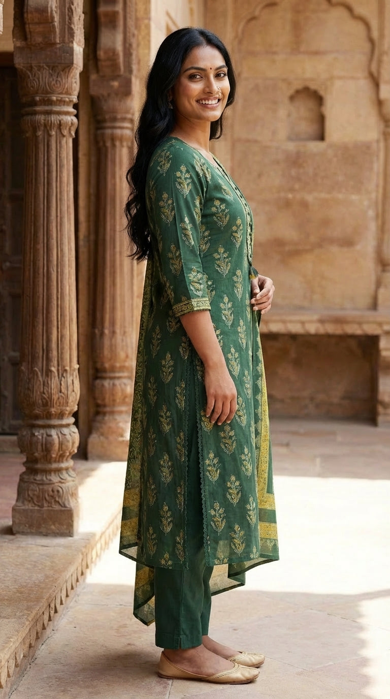 Green Cotton Kurta Pant Set with Dupatta-800232