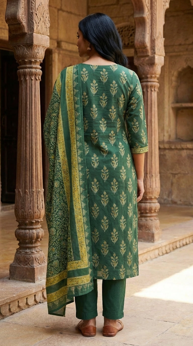 Green Cotton Kurta Pant Set with Dupatta-800232