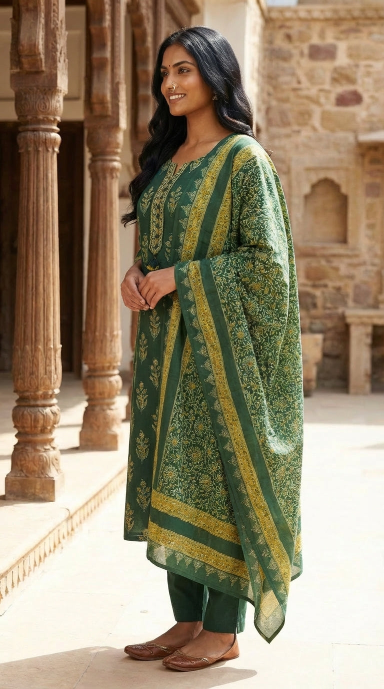 Green Cotton Kurta Pant Set with Dupatta-800232