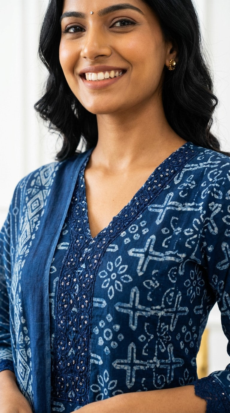 Blue Cotton Kurta Pant Set with Dupatta-800235