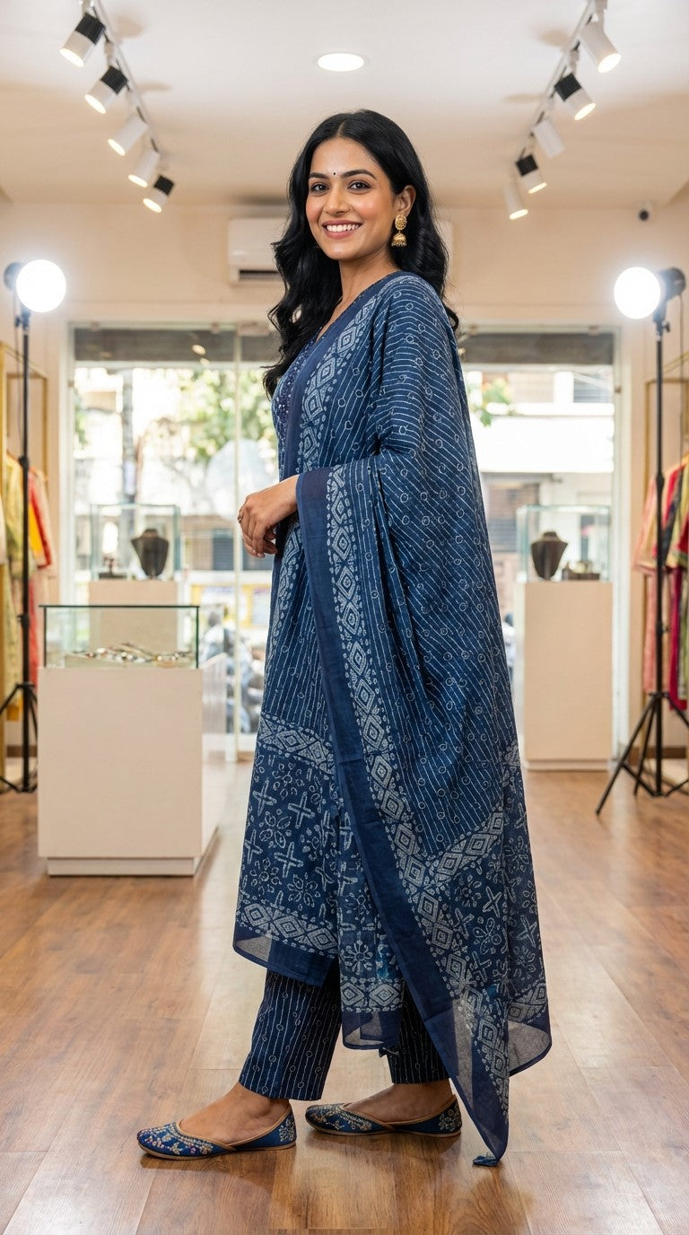 Blue Cotton Kurta Pant Set with Dupatta-800235