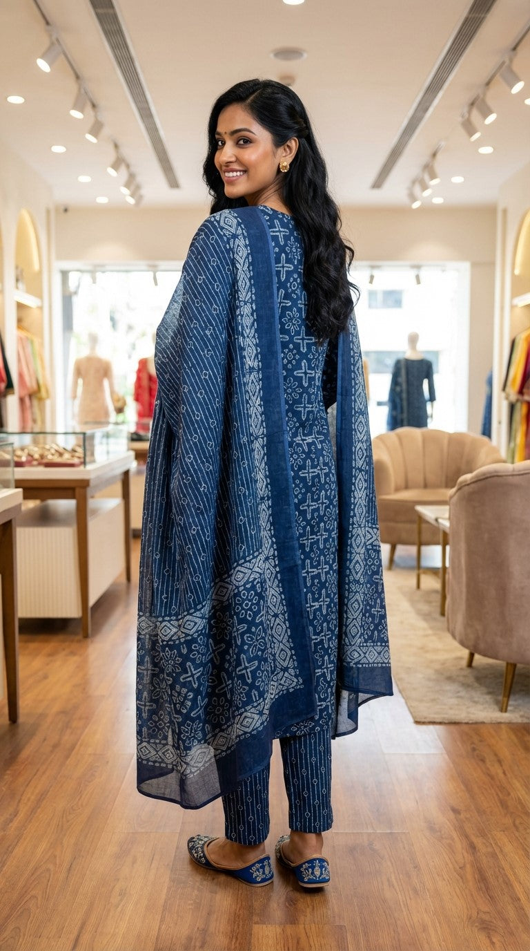 Blue Cotton Kurta Pant Set with Dupatta-800235