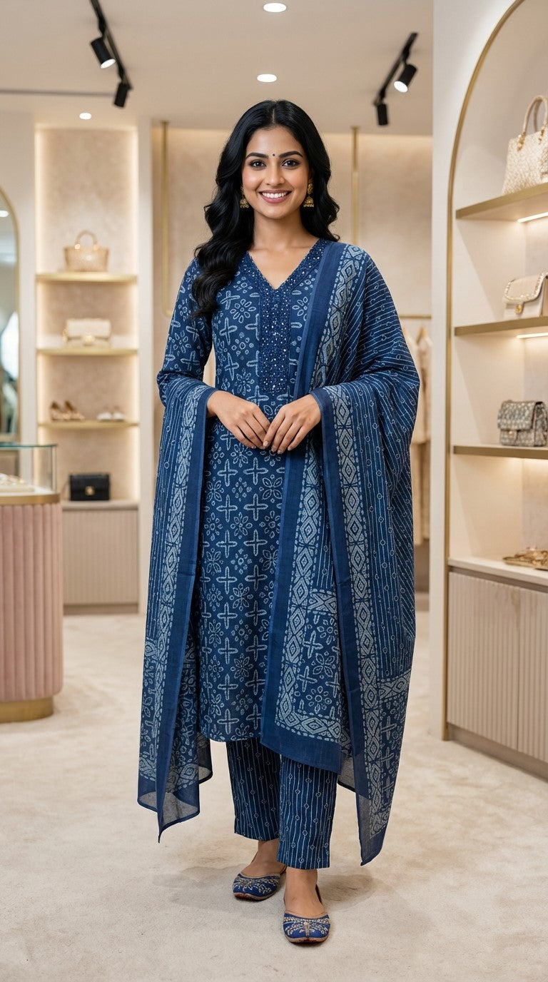 Blue Cotton Kurta Pant Set with Dupatta-800235