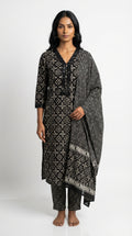 Black Cotton Kurta Pant Set with Dupatta-800236