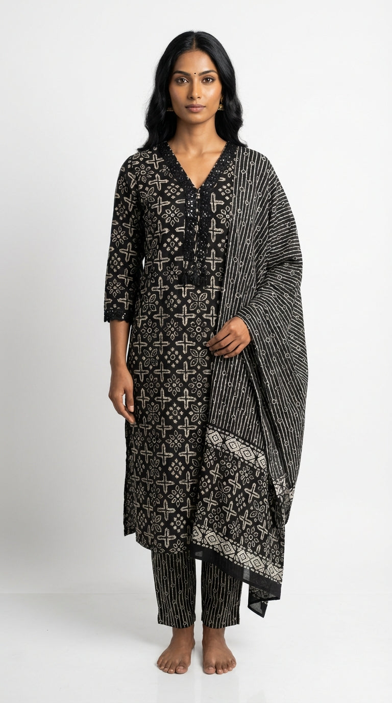 Black Cotton Kurta Pant Set with Dupatta-800236