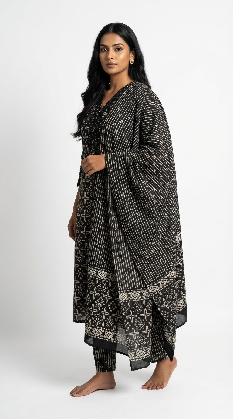 Black Cotton Kurta Pant Set with Dupatta-800236