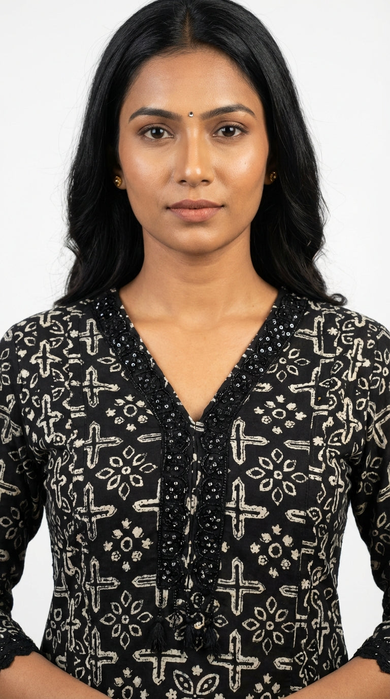 Black Cotton Kurta Pant Set with Dupatta-800236