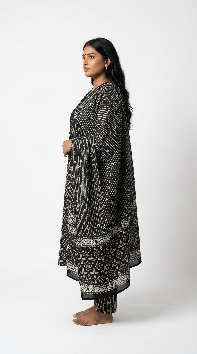 Black Cotton Kurta Pant Set with Dupatta-800236